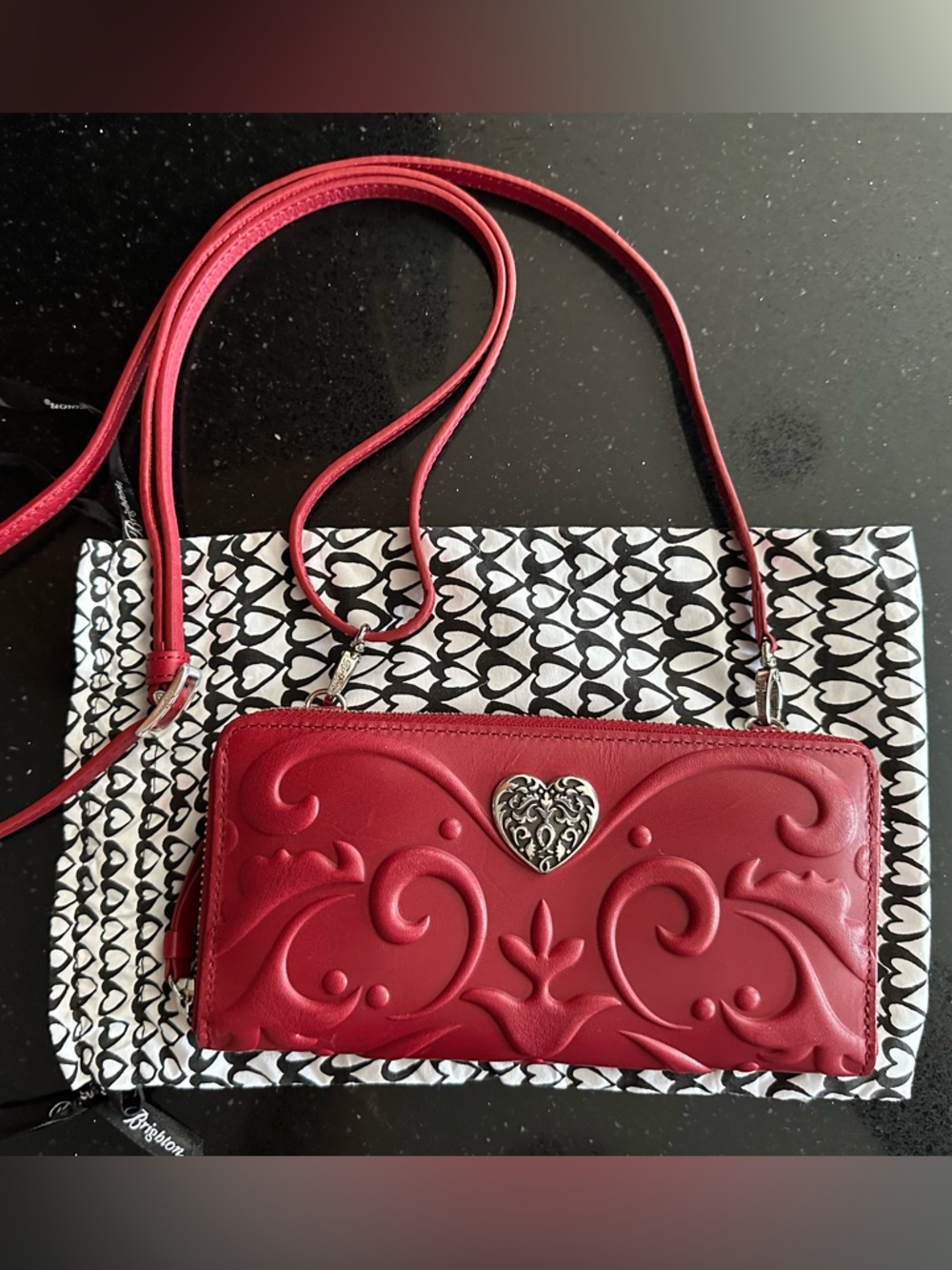 Brighton Red Genuine Leather Embossed Silver Heart Crossbody Wallet